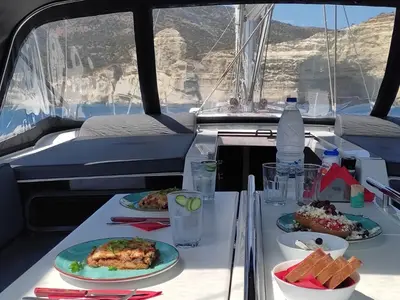 Deck of DREAM, a Beneteau Oceanis 46.1 sailboat at Athens, Greece