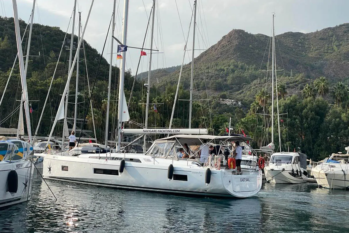 Exterior view of EAST, a Beneteau Oceanis 51.1 sailboat at Marmaris, Turkey