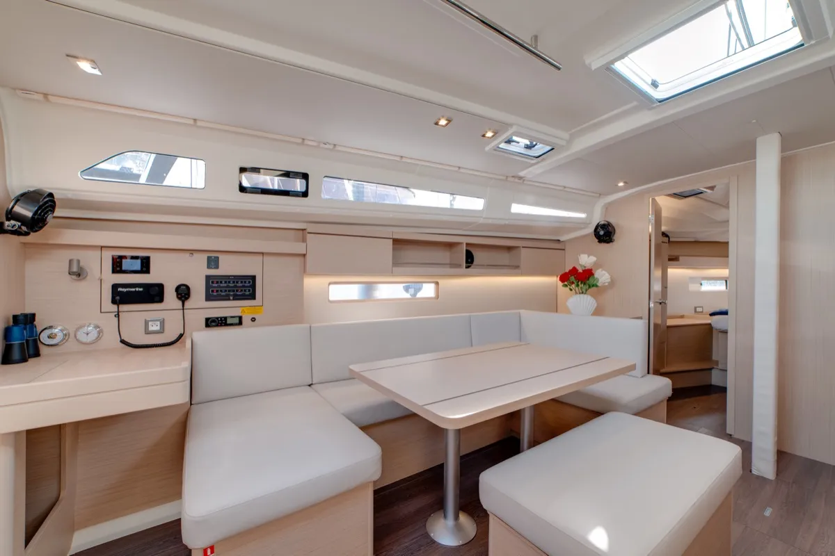 Salon of Maverick, a Beneteau Oceanis 40.1 sailboat at Olbia, Italy
