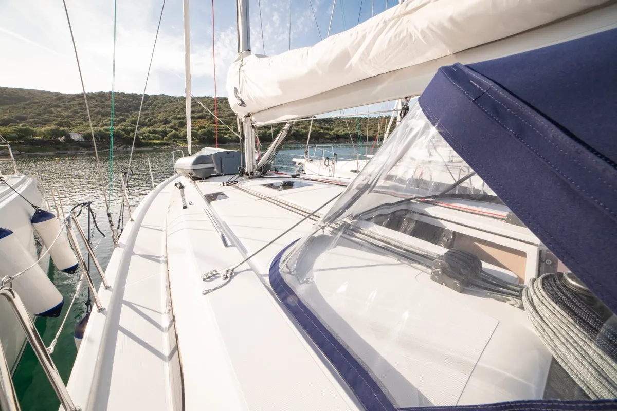 Deck of Maverick, a Beneteau Oceanis 40.1 sailboat at Olbia, Italy