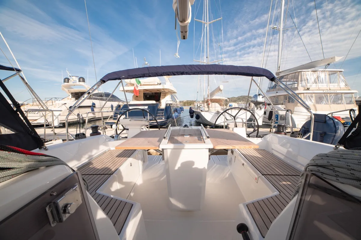 Cockpit of Maverick, a Beneteau Oceanis 40.1 sailboat at Olbia, Italy