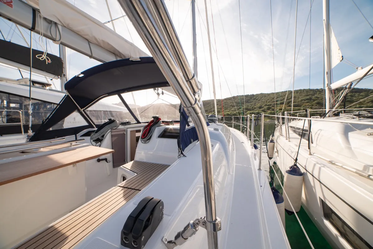 Deck of Maverick, a Beneteau Oceanis 40.1 sailboat at Olbia, Italy