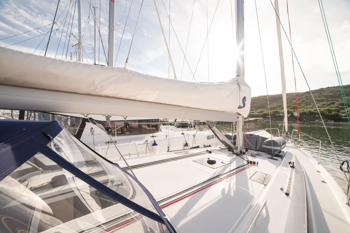 Deck of Maverick, a Beneteau Oceanis 40.1 sailboat at Olbia, Italy