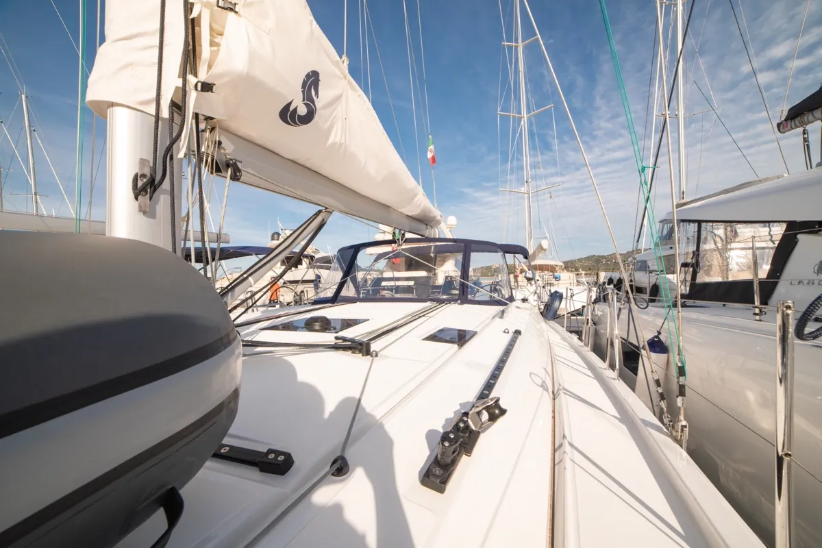 Deck of Maverick, a Beneteau Oceanis 40.1 sailboat at Olbia, Italy