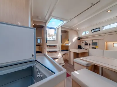 Salon of Maverick, a Beneteau Oceanis 40.1 sailboat at Olbia, Italy