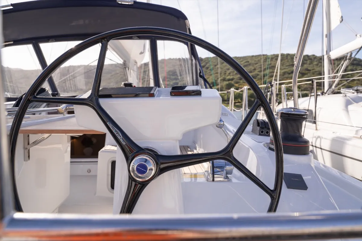Cockpit of Maverick, a Beneteau Oceanis 40.1 sailboat at Olbia, Italy