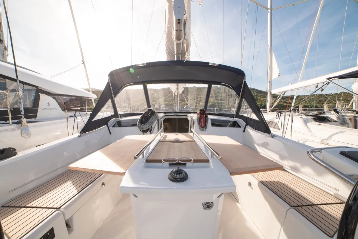 Cockpit of Maverick, a Beneteau Oceanis 40.1 sailboat at Olbia, Italy