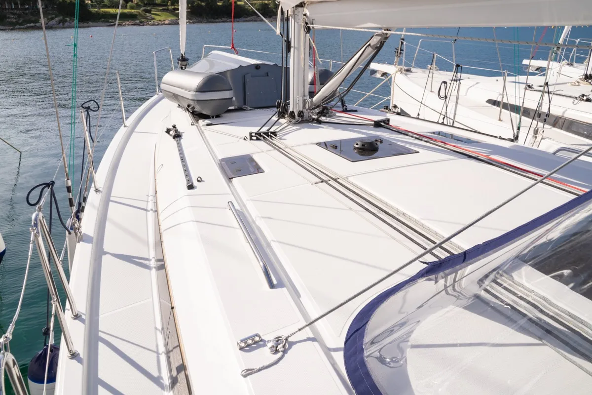 Deck of Maverick, a Beneteau Oceanis 40.1 sailboat at Olbia, Italy