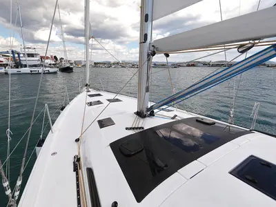 Deck of Shore Thing, a Dufour 470 sailboat at Grad Biograd na Moru, Croatia