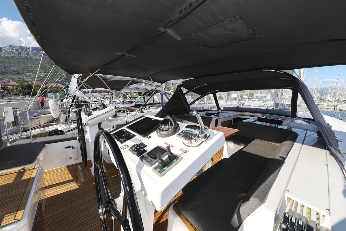 Cockpit of Simply The Best, a Hanse 548 sailboat at Grad Kaštela, Croatia