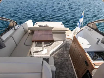 Deck of OTTI, a Grandezza 34 OC motorboat at Grad Trogir, Croatia