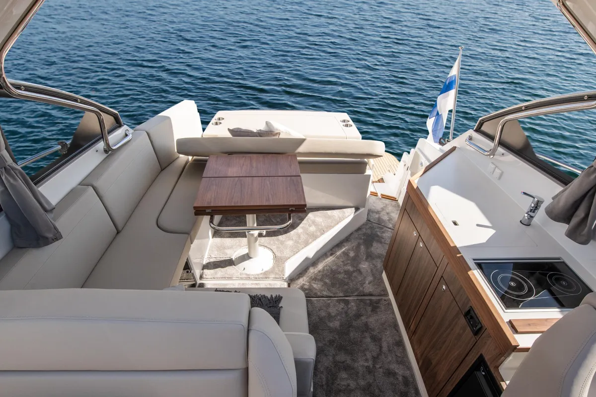 Deck of OTTI, a Grandezza 34 OC motorboat at Grad Trogir, Croatia