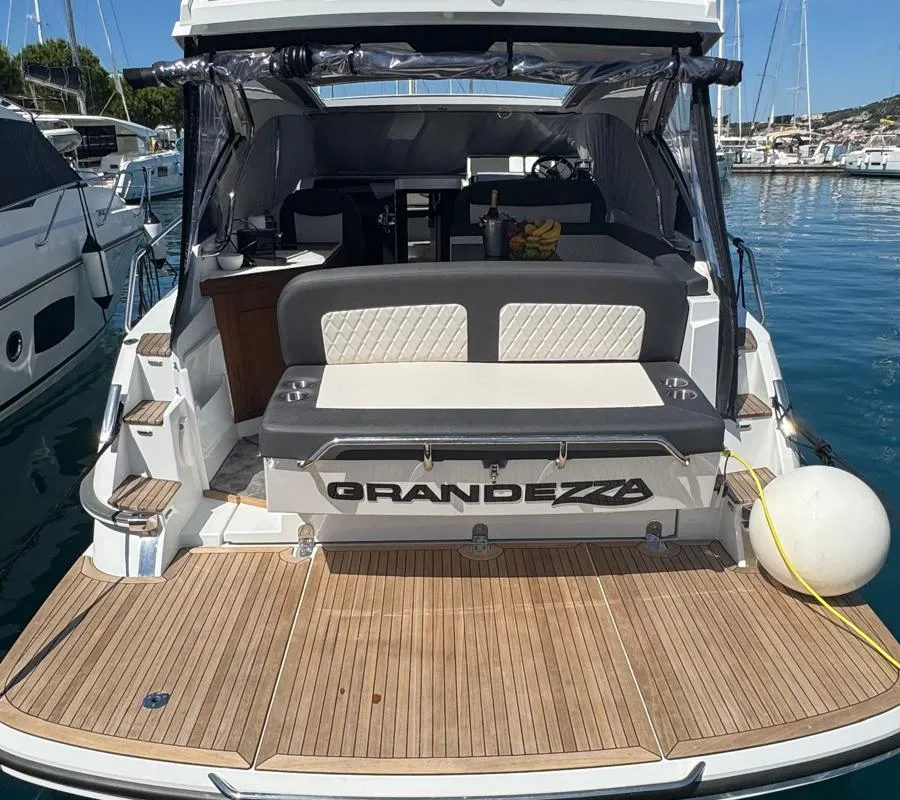 Deck of OTTI, a Grandezza 34 OC motorboat at Grad Trogir, Croatia