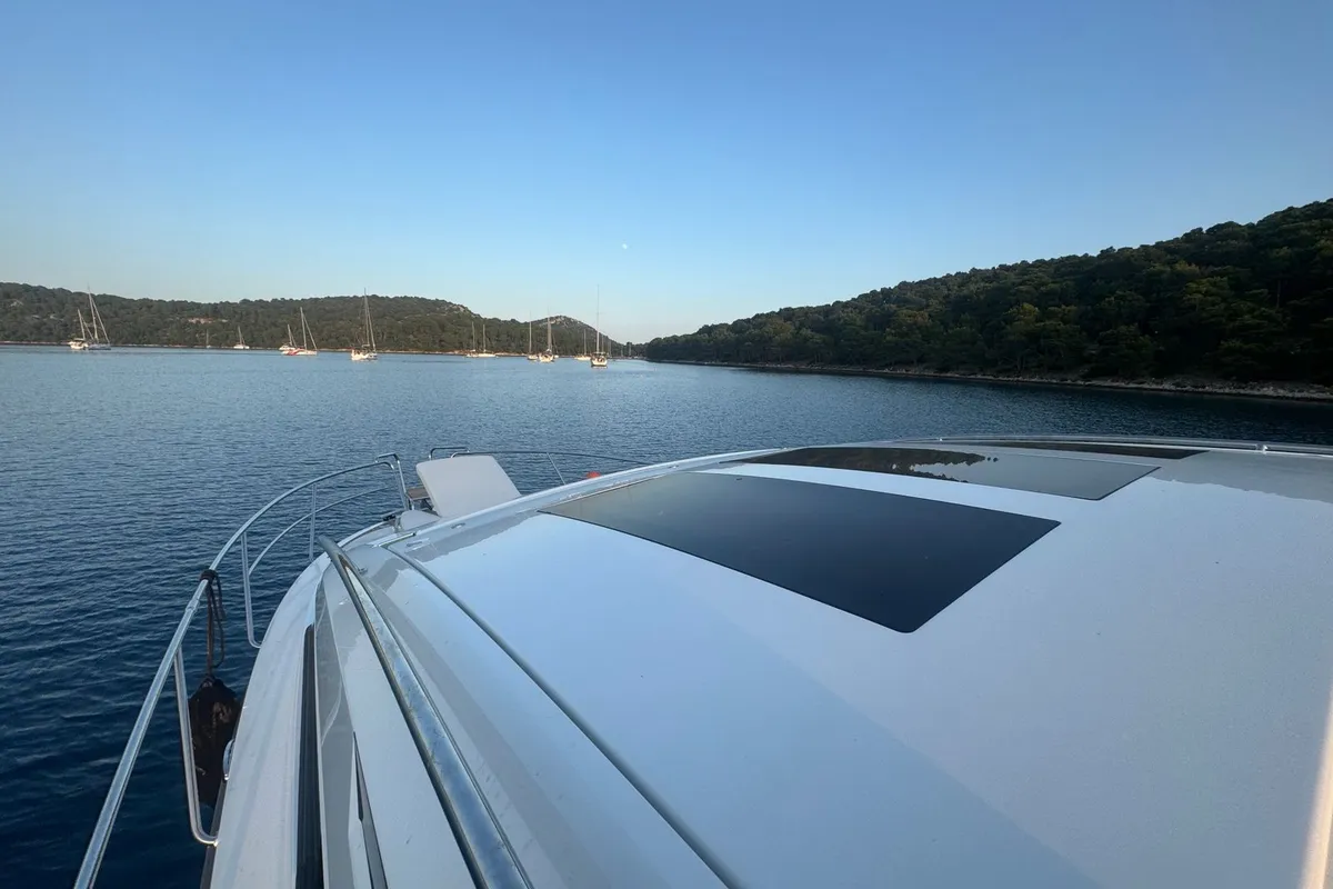 Deck of OTTI, a Grandezza 34 OC motorboat at Grad Trogir, Croatia