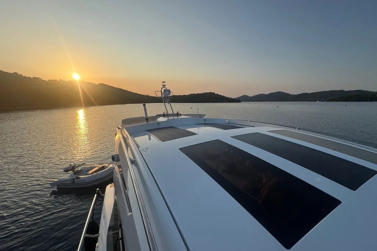 Deck of OTTI, a Grandezza 34 OC motorboat at Grad Trogir, Croatia