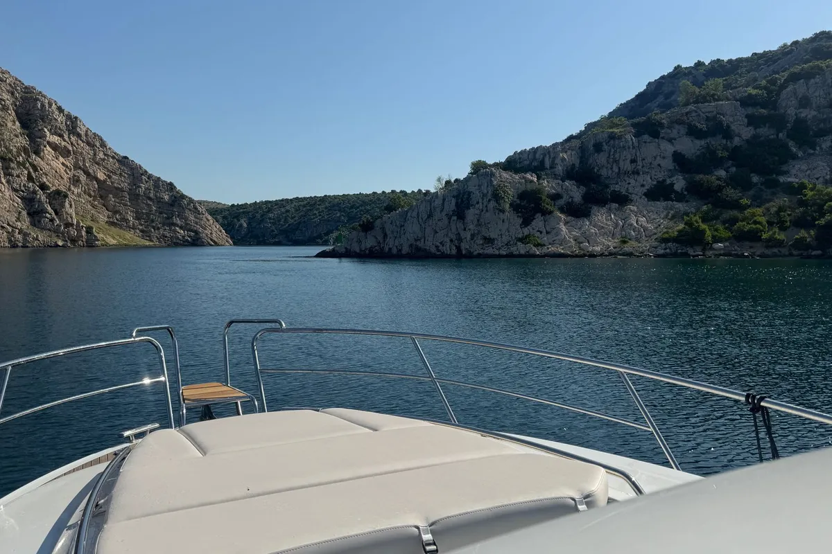 Deck of OTTI, a Grandezza 34 OC motorboat at Grad Trogir, Croatia