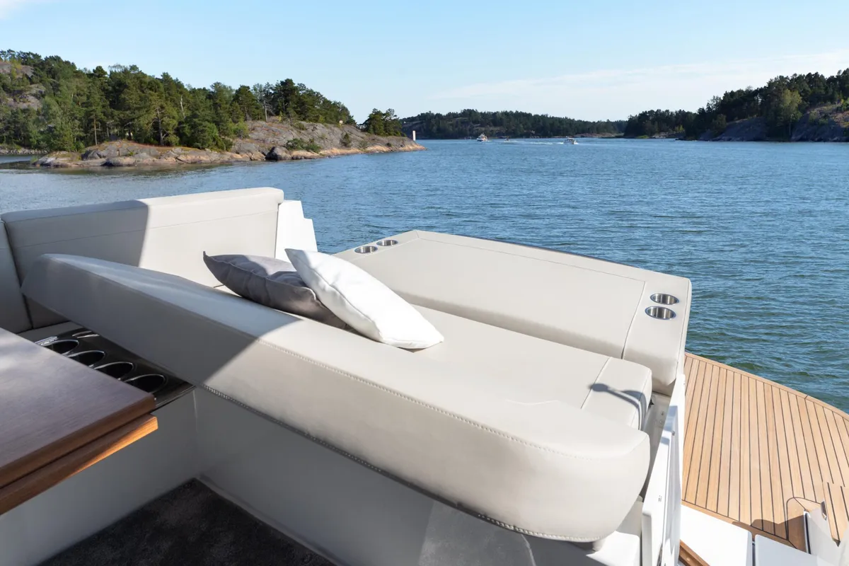 Deck of OTTI, a Grandezza 34 OC motorboat at Grad Trogir, Croatia