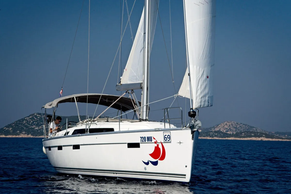 Exterior view of MH 73, a Bavaria Cruiser 41 sailboat at Murter, Croatia