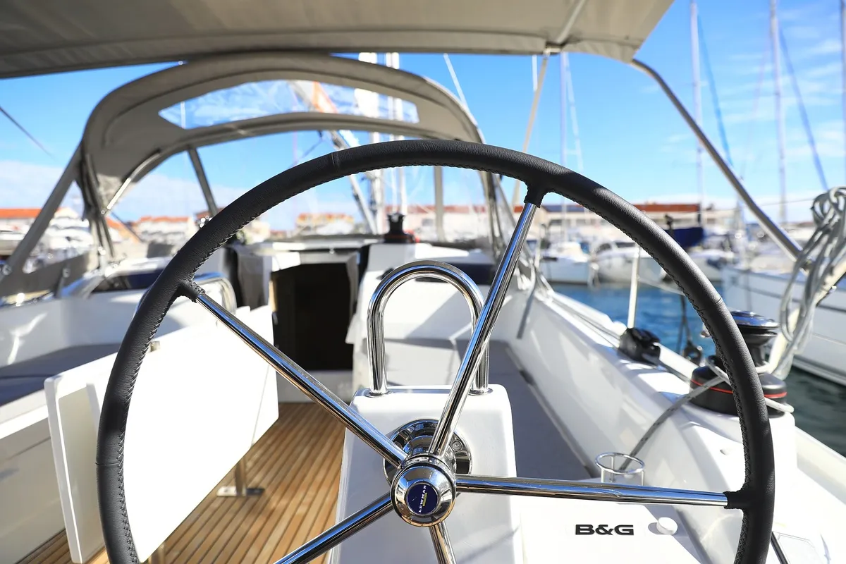 Cockpit of Rooster, a Beneteau Oceanis 34.1 sailboat at Pirovac, Croatia