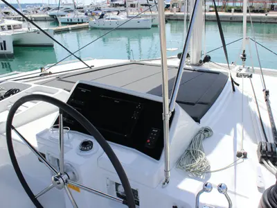 Cockpit of NADA I, a Lagoon 450 catamaran at Seget Donji, Croatia