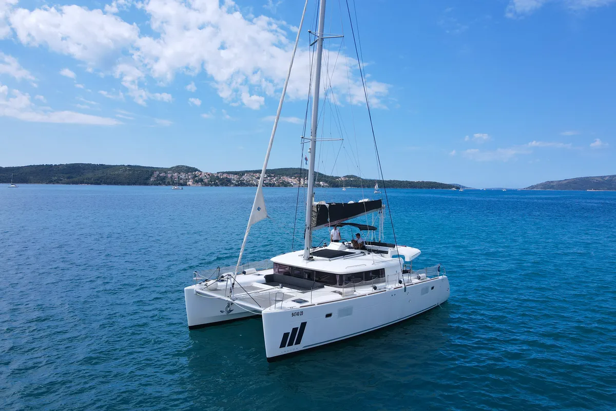 Exterior view of NADA I, a Lagoon 450 catamaran at Seget Donji, Croatia