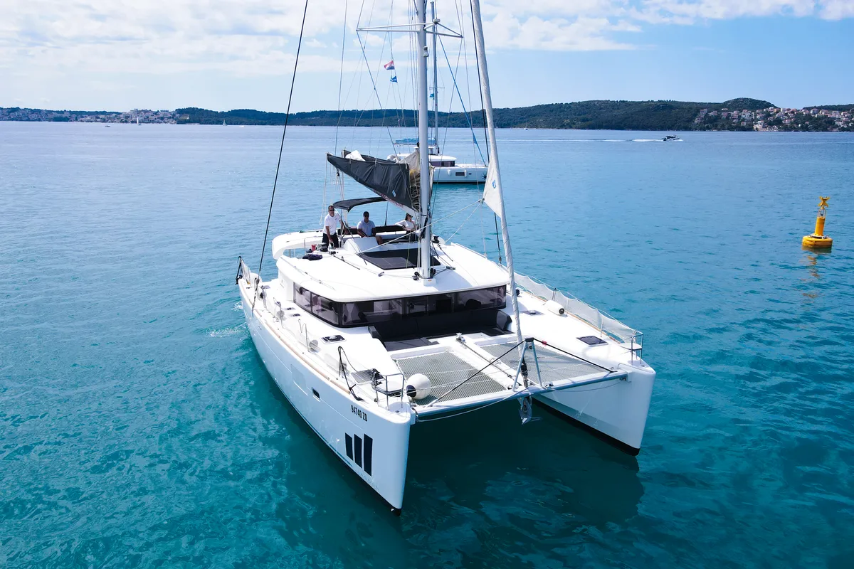 Exterior view of NADA I, a Lagoon 450 catamaran at Seget Donji, Croatia
