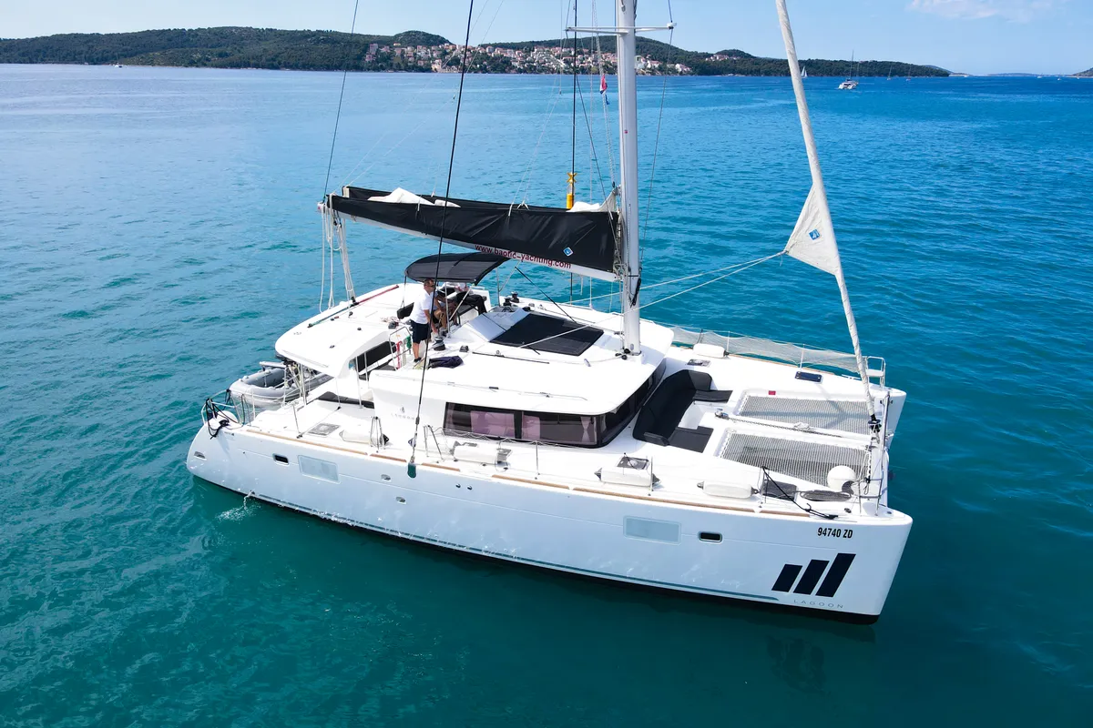 Exterior view of NADA I, a Lagoon 450 catamaran at Seget Donji, Croatia