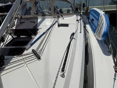 Deck of Zerberus, a Bavaria Cruiser 46 sailboat at Palma de Mallorca, Spain