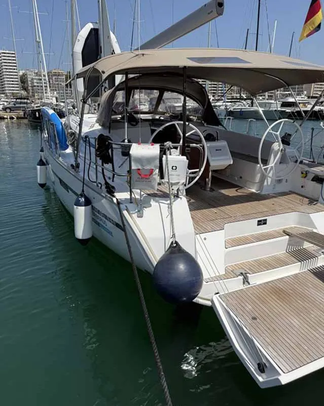 Exterior view of Zerberus, a Bavaria Cruiser 46 sailboat at Palma de Mallorca, Spain