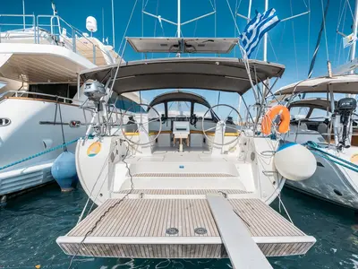 Deck of Elpida, a Bavaria Cruiser 51 sailboat at Municipal Unit of Rhodes, Greece