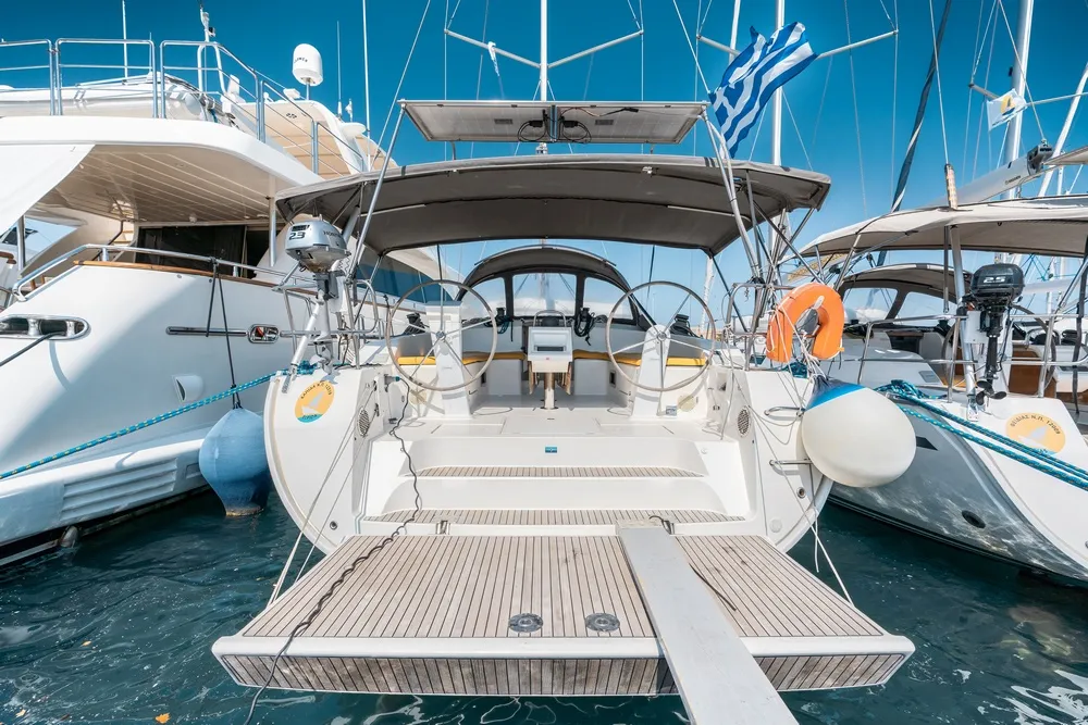 Deck of Elpida, a Bavaria Cruiser 51 sailboat at Municipal Unit of Rhodes, Greece
