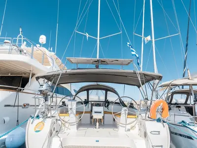 Cockpit of Elpida, a Bavaria Cruiser 51 sailboat at Municipal Unit of Rhodes, Greece