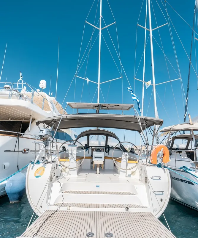 Cockpit of Elpida, a Bavaria Cruiser 51 sailboat at Municipal Unit of Rhodes, Greece