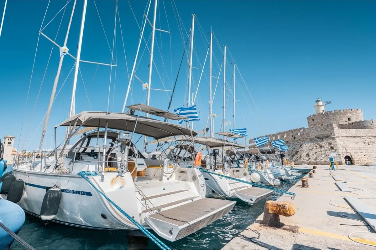 Exterior view of Elpida, a Bavaria Cruiser 51 sailboat at Municipal Unit of Rhodes, Greece