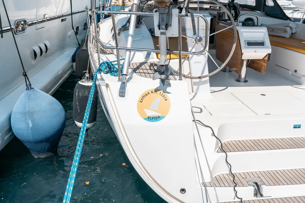 Deck of Elpida, a Bavaria Cruiser 51 sailboat at Municipal Unit of Rhodes, Greece
