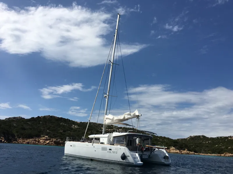Exterior view of Le.One, a Lagoon 450 catamaran at Nettuno, Italy