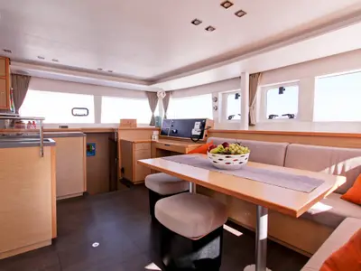 Salon of Le.One, a Lagoon 450 catamaran at Nettuno, Italy