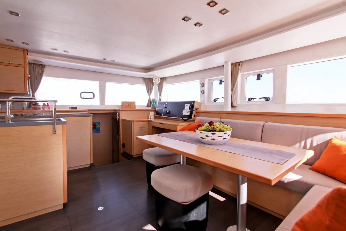 Salon of Le.One, a Lagoon 450 catamaran at Nettuno, Italy