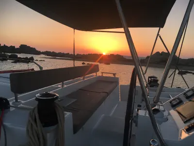 Cockpit of Le.One, a Lagoon 450 catamaran at Nettuno, Italy