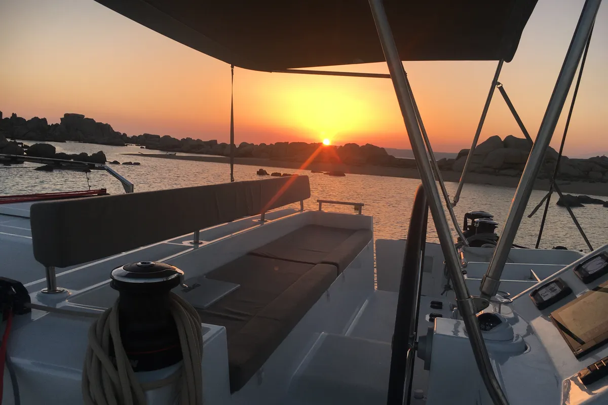 Cockpit of Le.One, a Lagoon 450 catamaran at Nettuno, Italy