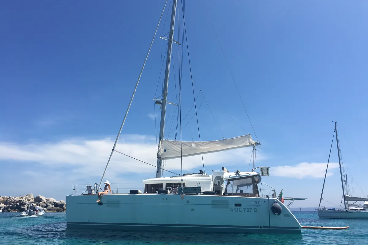 Exterior view of Le.One, a Lagoon 450 catamaran at Nettuno, Italy