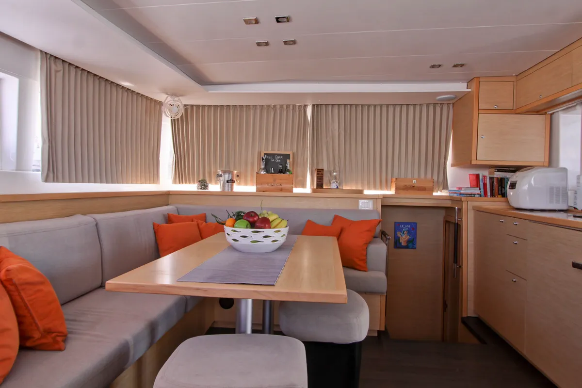 Salon of Le.One, a Lagoon 450 catamaran at Nettuno, Italy