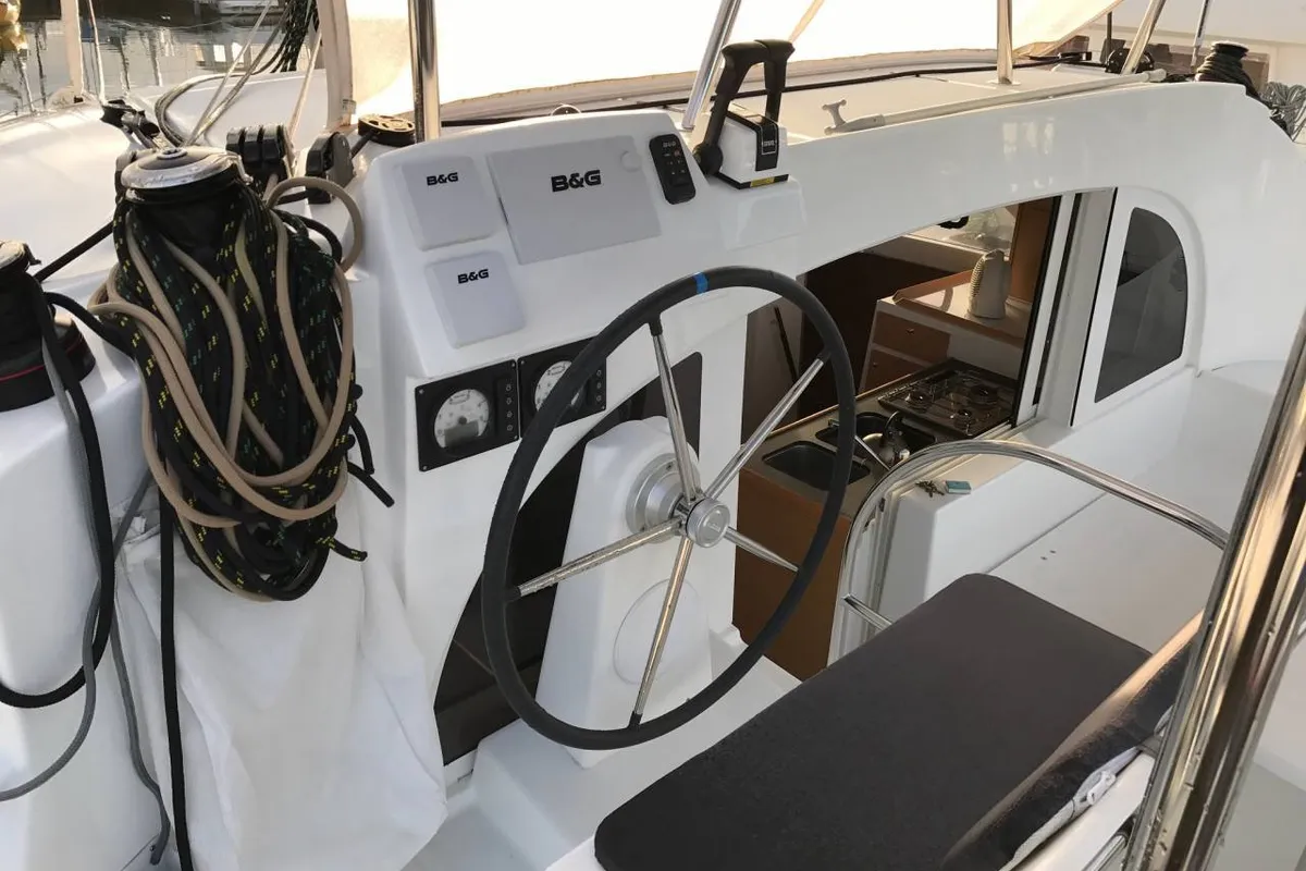Cockpit of Modjo, a Lagoon 380 S2 catamaran at Roche Caiman, Seychelles