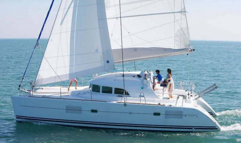 Exterior view of Modjo, a Lagoon 380 S2 catamaran at Roche Caiman, Seychelles