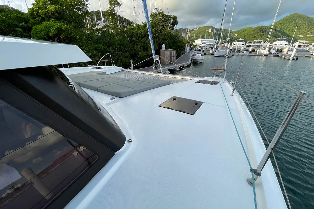 Deck of Carpe Diem - BVI, a Fountaine Pajot Astrea 42 catamaran at Road Town, British Virgin Islands