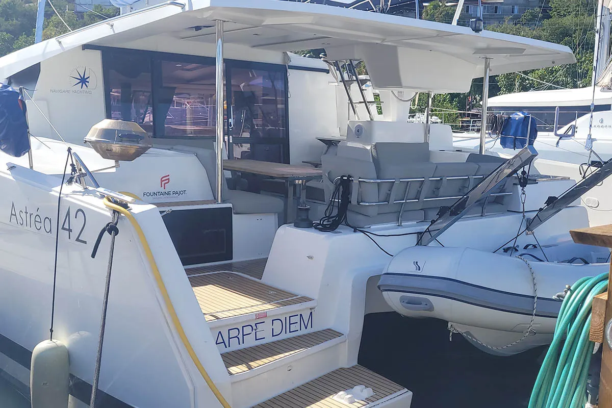 Deck of Carpe Diem  - BVI, a Fountaine Pajot Astrea 42 catamaran at Road Town, British Virgin Islands