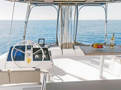 Cockpit of Bali 4.6, a catamaran at Volos, Greece