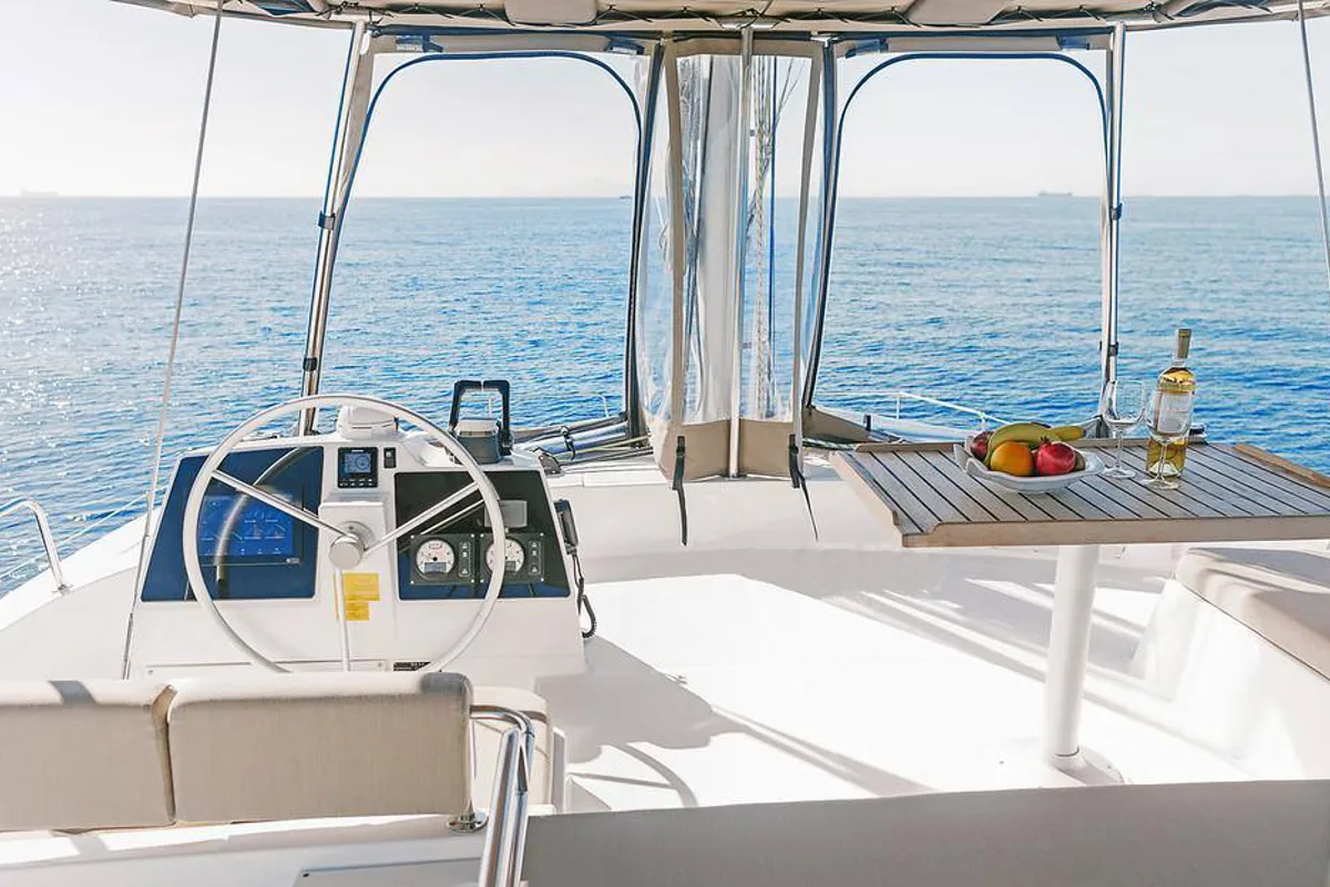 Cockpit of Bali 4.6, a catamaran at Volos, Greece