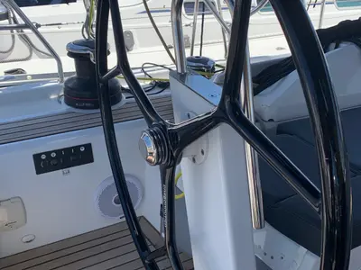 Cockpit of Elise, a Beneteau Oceanis 51.1 sailboat at Municipal Unit of Lefkada, Greece