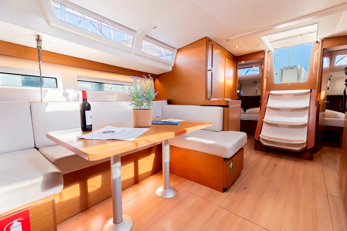 Salon of Vitamin Sea, a Jeanneau Sun Odyssey 490 sailboat at Municipal Unit of Rhodes, Greece
